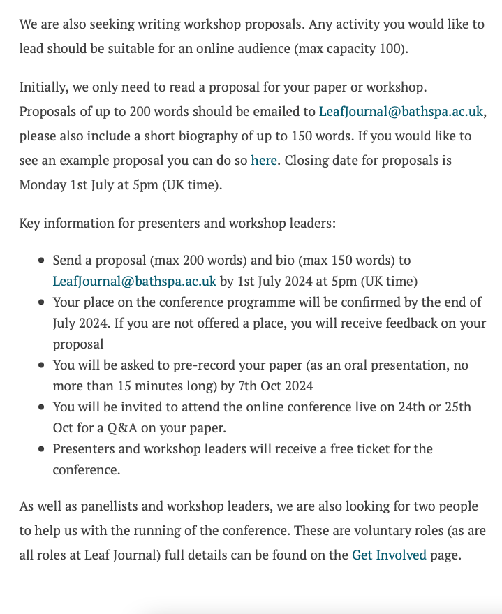 #CFP: On Writing for Young People: <a href="/Leaf_Journal/">Leaf Journal, on Writing for Young People</a>'s Conference 2024
Date: 24-25 October 2024
Deadline for proposals: 1st July 2024 at 5pm (UK time)
Website: leafjournal.org/pages/392-conf…
Email: LeafJournal@bathspa.ac.uk