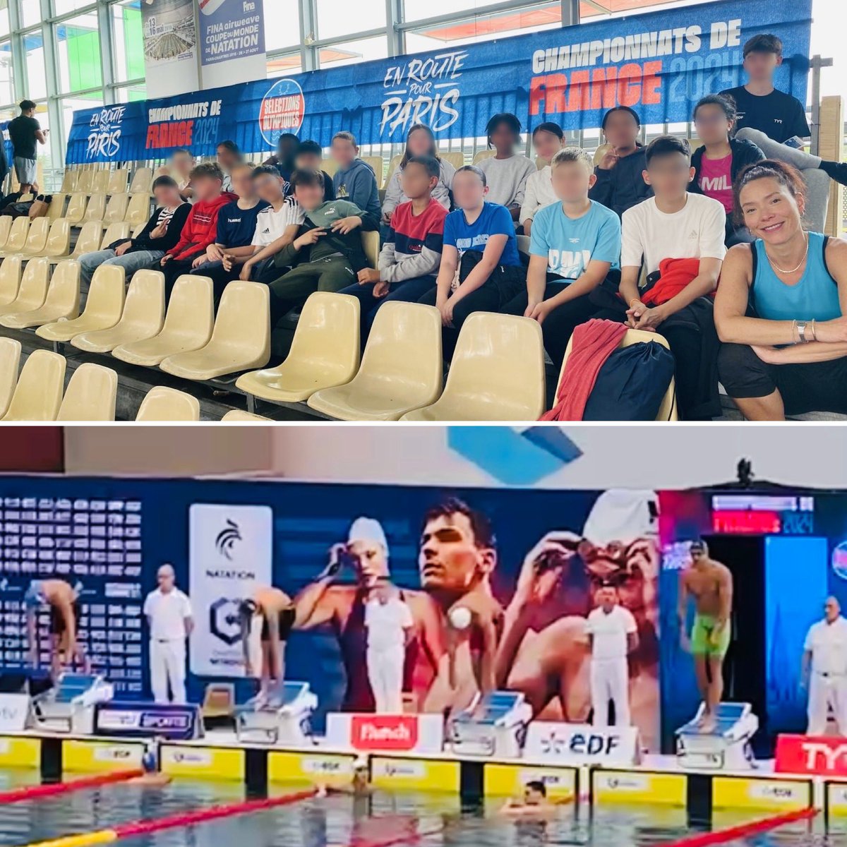La classe de 6B assiste au championnat de France Natation. 🏊‍♂️ 

Merci Mme Vioux !