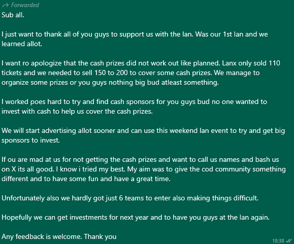 High Born (@highborn_gg) on Twitter photo <a href="/HouseofEsports4/">House of Esports</a>, your actions are nothing short of criminal.
Charging a R2,000 entry fee for a poorly organized LAN event, promising a R14,000 prize pool for the top three teams, and then refusing to provide any cash prizes after the tournament is unacceptable and <a href="/HouseofEsports4/">House of Esports</a>, your actions are nothing short of criminal.
Charging a R2,000 entry fee for a poorly organized LAN event, promising a R14,000 prize pool for the top three teams, and then refusing to provide any cash prizes after the tournament is unacceptable and