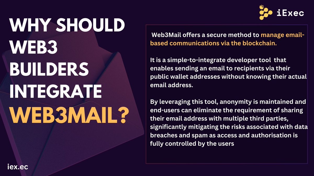 __crystalis's tweet image. Great News 🔥

@Nemeos_Finance now integrates @iEx_ec Web3Mail for e-mail based communications with users.

It&apos;s great to see more #Web3 projects prioritize users&apos; privacy and confidentiality

Why #Web3Mail? What are the peculiarities?

A 🧵
1/5

$RLC $NVDA #FET #AGIX #RNDR #TAO