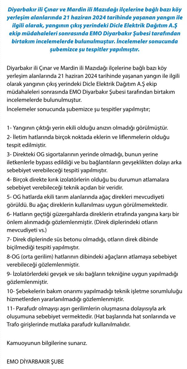 Elektrik Mühendisleri Odası Diyarbakır Şubesi'nin yangınla ilgili tespitleri: