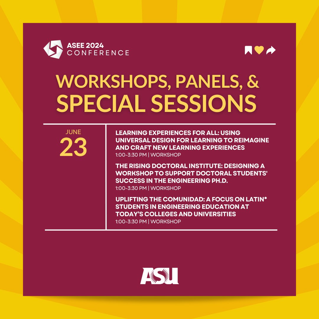 ASU_EESD's tweet photo. The ASEE Annual Conference (@ASEE_DC) is here! Check out the workshops, panels, and special sessions with EESD students and faculty: https://t.co/Ak9La5UoEe