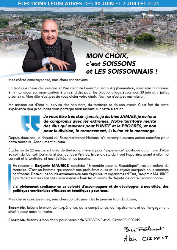 [MON AVIS CITOYEN]
Voter les 30 et 7 juin, c'est capital.
Dans cette élection, je tiens la position qui est la mienne depuis plus de 10 ans : 
Je fais et je ferai toujours le choix de Soissons et des Soissonnais
#transparence #Soissons #GrandSoissons #legislatives2024 #Aisne