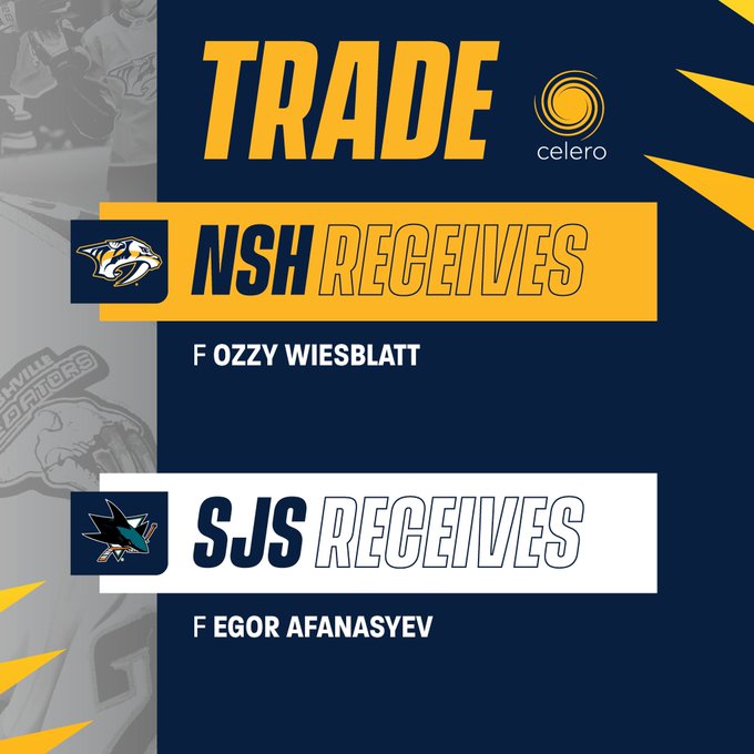 Trade. NSH receives F Ozzy Wiesblatt. SJS receives F Egor Afanasyev.