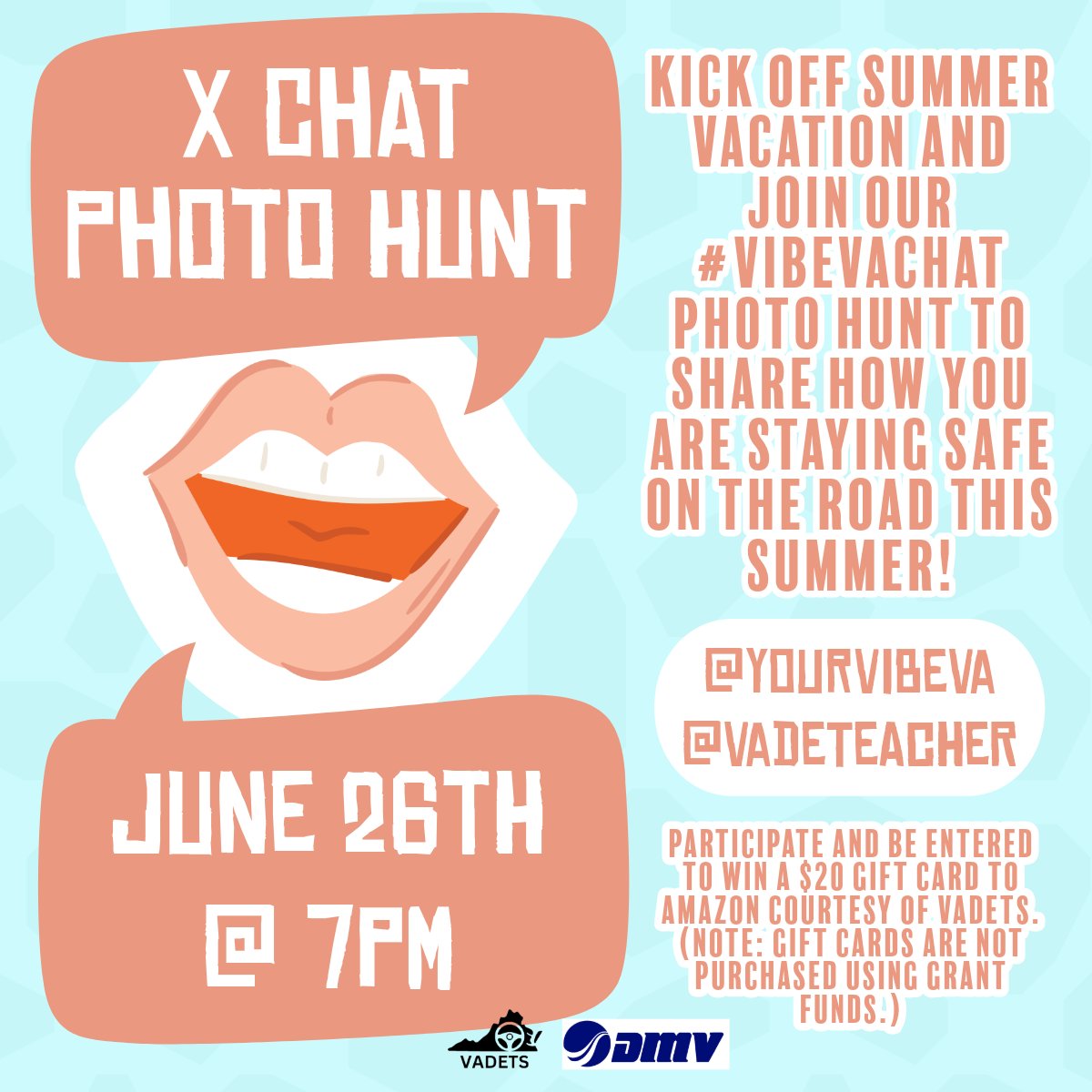 YourVibeVA's tweet photo. Join our #VibeVAChat Photo Hunt Wednesday, 6/26 at 7p.m. to kick-off summer vacation and share how you are being safe on the road this summer. 😎☀️ https://t.co/yBdRH4eOV4
