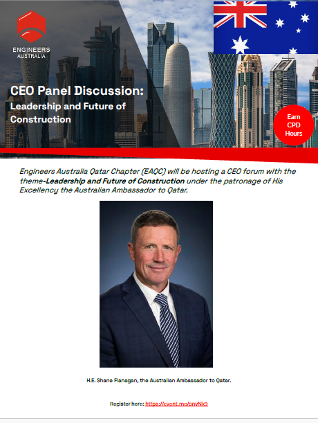 EngAusQatar's tweet photo. Join the CEO Forum organized by Engineers Australia Qatar Chapter on July 3rd, 2024, at 6 PM at the Darwish Al Far Auditorium, National Museum of Qatar.

This year's theme is "Leadership and the Future of Construction." 

Link to registration: https://t.co/upRHYdchPM https://t.co/wa3VC7IW6o