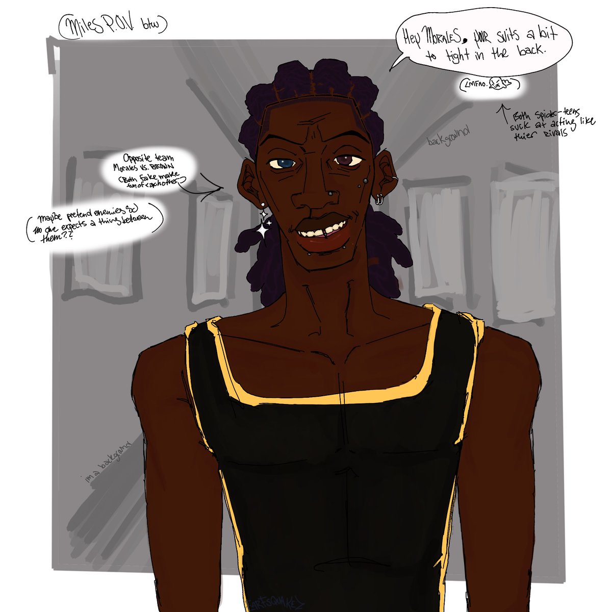 This wrestling au I had with them 🎸🌻🤼‍♂️
Mostly just a hobie + shading test😭

#Punkflower #milesmorales #hobiebrown #acrossthespiderverse