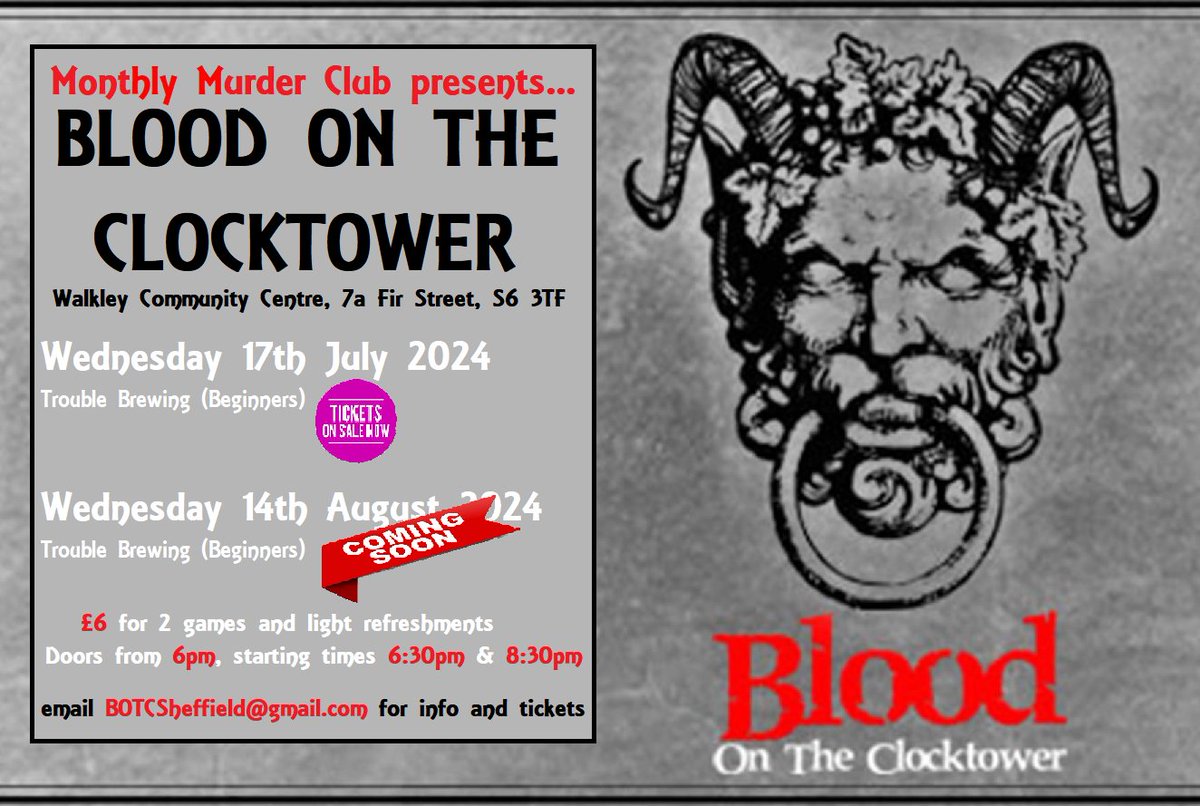 Monthly Murder Club (@monthlymurder) on Twitter photo Tickets on sale now for 17th July games.
Come and join us for a night of murder, mayhem, double cross and deceit in Walkley, Sheffield.
Beginner friendly night - email BOTCSheffield@gmail.com for further details and to book your tickets. Tickets on sale now for 17th July games.
Come and join us for a night of murder, mayhem, double cross and deceit in Walkley, Sheffield.
Beginner friendly night - email BOTCSheffield@gmail.com for further details and to book your tickets.