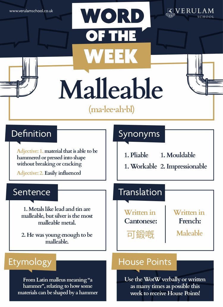 Metals like lead and tin are malleable, but silver is the most malleable metal. The Word of the Week at <a href="/verulamschool/">Verulam School</a> wb 24th June = Malleable. #wordoftheweek #WOTW #literacy