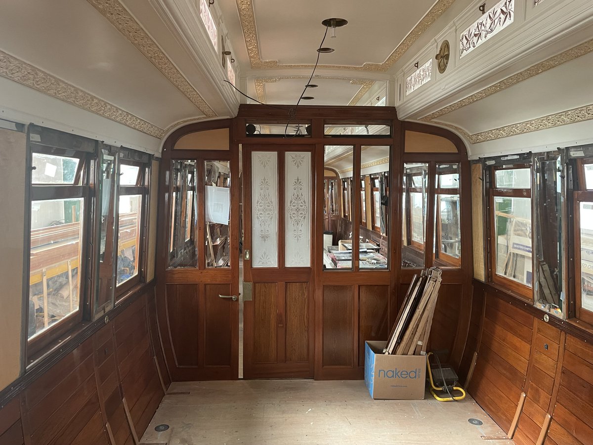 Photos of the progress by volunteers on ECJS Dining Car 189 at Pickering. Internal varnishing now taking place in small saloon and glass and mirrors being fitted in correct locations. 189 built at GNR Doncaster works in 1894. #victoriandiningcar #doncasterworks