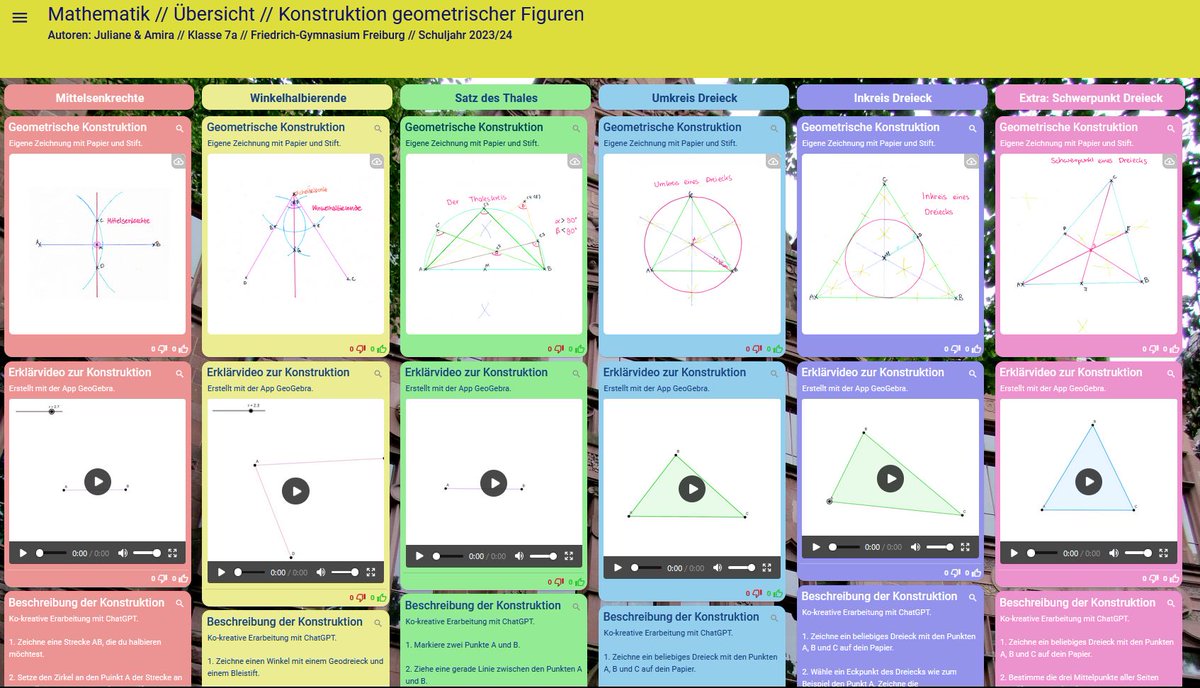Geometrie? Vom Bleistift zum Tablet!
Im Mathematikunterricht der Klasse 7a erstellten die Schüler*innen in Partnerarbeit mit dem Tablet multimediale Übersichten zum Thema Geometrie.
Lernprodukt: bit.ly/Geometrie-Klas…
Verwendete Tools: <a href="/TaskCards_/">TaskCards.de</a>, <a href="/geogebra/">GeoGebra</a>, KI von @fobizz, ...