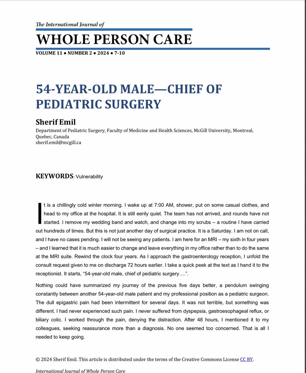 As pediatric surgeons, we work with some of the most vulnerable families every day. But it also helps to reflect openly on our own vulnerability. Because doing so allows us to more genuinely understand and share our patients' journeys. My recent piece.
ijwpc.mcgill.ca/article/view/4…