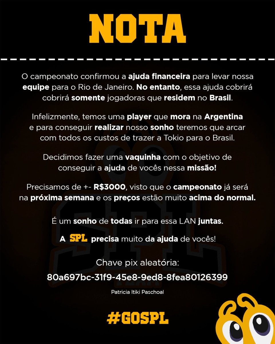 ‼️PRECISAMOS DE VOCÊS‼️

ajudem a trazer nossa tokiozinha pra nossa final no RIO 😭

quem puder colaborar independente do valor ou compartilhando já ficaremos muito gratas. 

chave pix aleatoria: 80a697bc-31f9-45e8-9ed8-8fea80126399