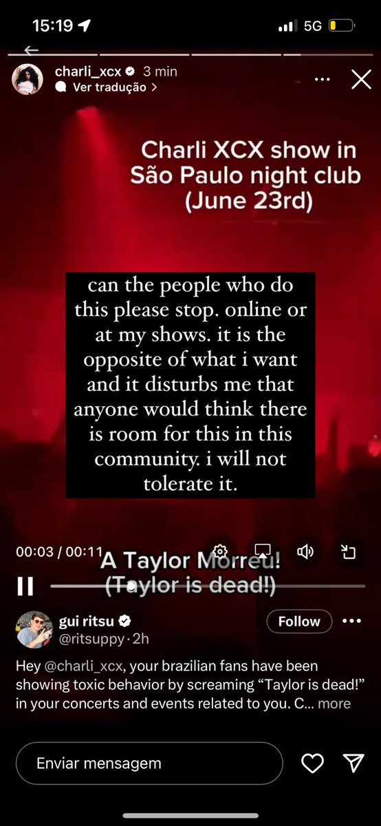 📲| <a href="/charli_xcx/">Charli</a> via Instagram stories asking her fans to stop wishing d**th on Taylor at her shows.