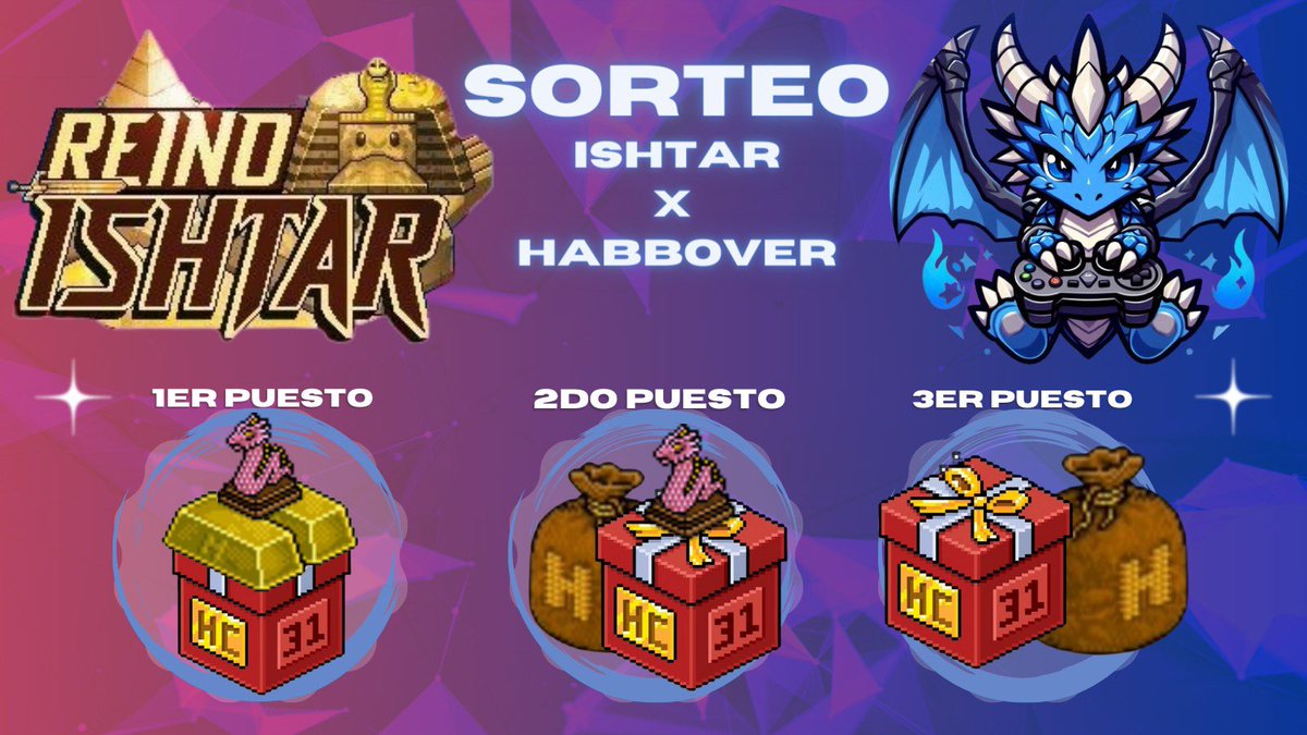 Sorteo ISHTAR x HABBOVER

3 Ganadores

1. Lugar: Dragón Fuego Rosa Mini + Lingo + HC
2. Lugar Dragón Fuego Rosa Mini + HC + Saco 20c
3. Lugar  HC + Saco 20c

Requisitos:

Seguir a <a href="/ReinoIshtar/">Reino Ishtar</a> + <a href="/Juegoshabbover/">Habbover</a> + <a href="/KathiiKatt/">MiNombleEkati</a> 
Dar RT y Me gusta
Etiquetar a 2 amix (Ganan 10c c/u)