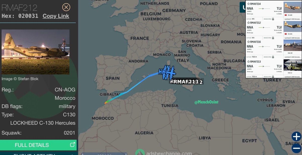 MenchOsint's tweet photo. 4 x Moroccan Air Force C-130 left Kenitra Air Base, Morocco 🇲🇦 heading towards Tel Aviv, Israel 🇮🇱 

• RMAF212 (CN-AOG)
• RMAF213 (CN-AOJ)
• RMAF216 (CN-AOM)
• RMAF214 (CN-AOR) https://t.co/3oCYYEFzbP