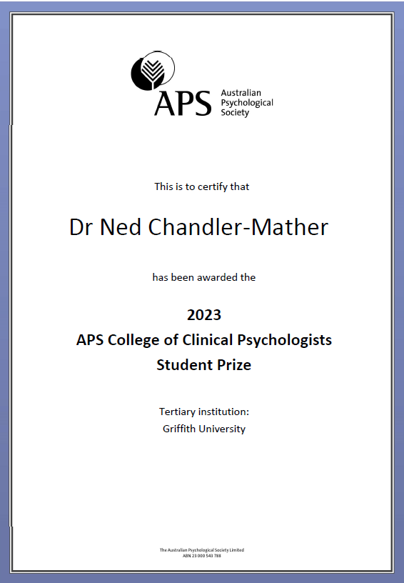 Parents under Pressure (PuP) program (@pupprogram) on Twitter photo Congratulations to our trainer <a href="/NChandlerMather/">Ned Chandler-Mather</a> on winning the 2023 APS College of Clinical Psychologists Student Prize for @Griffith_uni! Your outstanding clinical skills and research prowess have truly shone through. Well-deserved recognition! 🌟 #ClinicalPsychology #APSPrize Congratulations to our trainer <a href="/NChandlerMather/">Ned Chandler-Mather</a> on winning the 2023 APS College of Clinical Psychologists Student Prize for @Griffith_uni! Your outstanding clinical skills and research prowess have truly shone through. Well-deserved recognition! 🌟 #ClinicalPsychology #APSPrize