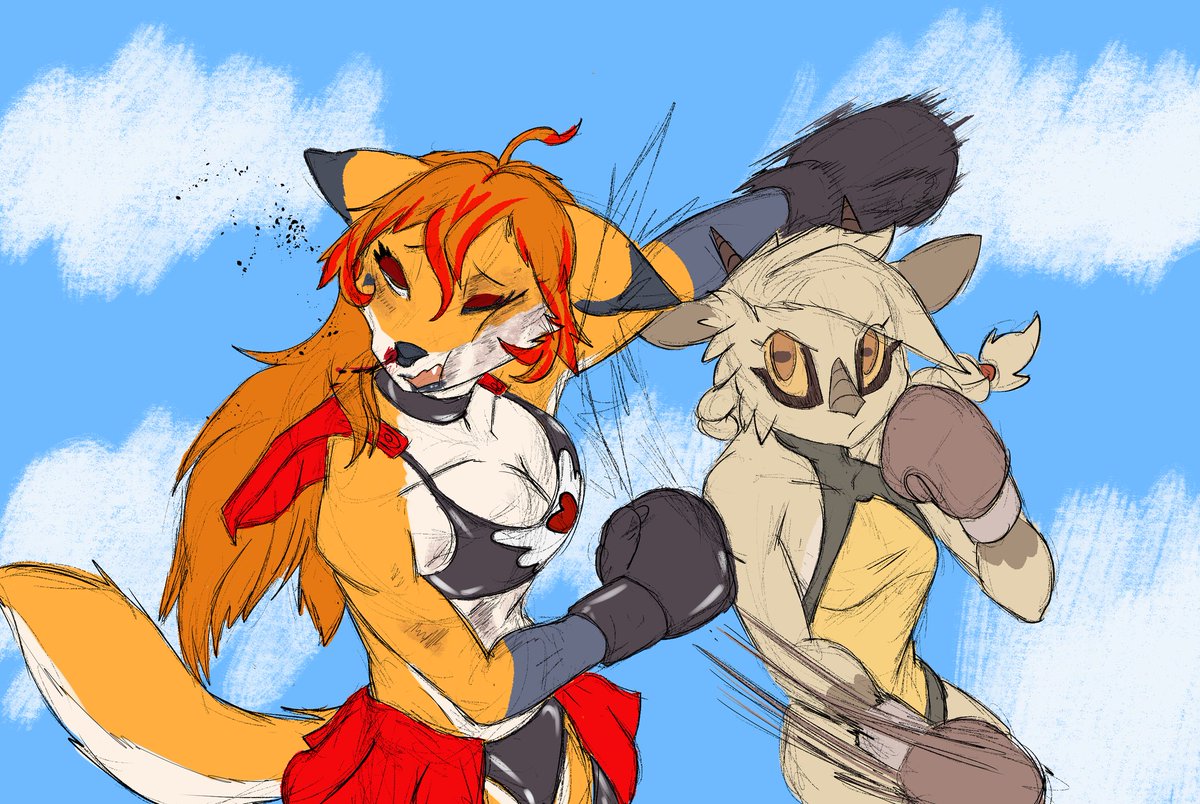 Chamma_retsuden's tweet photo. [vs Feta] The long line of challengers still going on. A pretty fox next to face off with Feta. Taking some powerful blows from the goat 

Fox comm for https://t.co/eXabBZp7UH https://t.co/iFQuCW0tVe