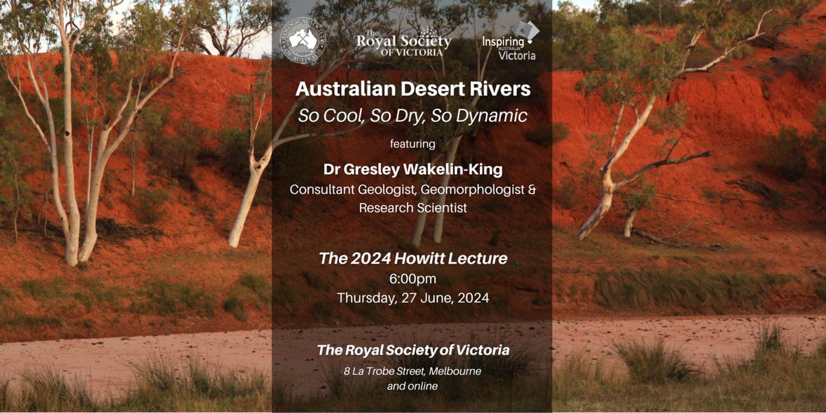 Dr. Dee Ninis (@deeninis) on Twitter photo Don’t forget, this Thursday - a joint presentation by <a href="/GSAVictoria/">GSA Victoria</a> and @RoyalSocietyVic the 2024 Howitt Lecture on ‘Australian Desert Rivers’ by <a href="/dr_gres/">Gresley Wakelin-King</a> For more details and to book your tickets 👉 events.humanitix.com/australian-des… Don’t forget, this Thursday - a joint presentation by <a href="/GSAVictoria/">GSA Victoria</a> and @RoyalSocietyVic the 2024 Howitt Lecture on ‘Australian Desert Rivers’ by <a href="/dr_gres/">Gresley Wakelin-King</a> For more details and to book your tickets 👉 events.humanitix.com/australian-des…
