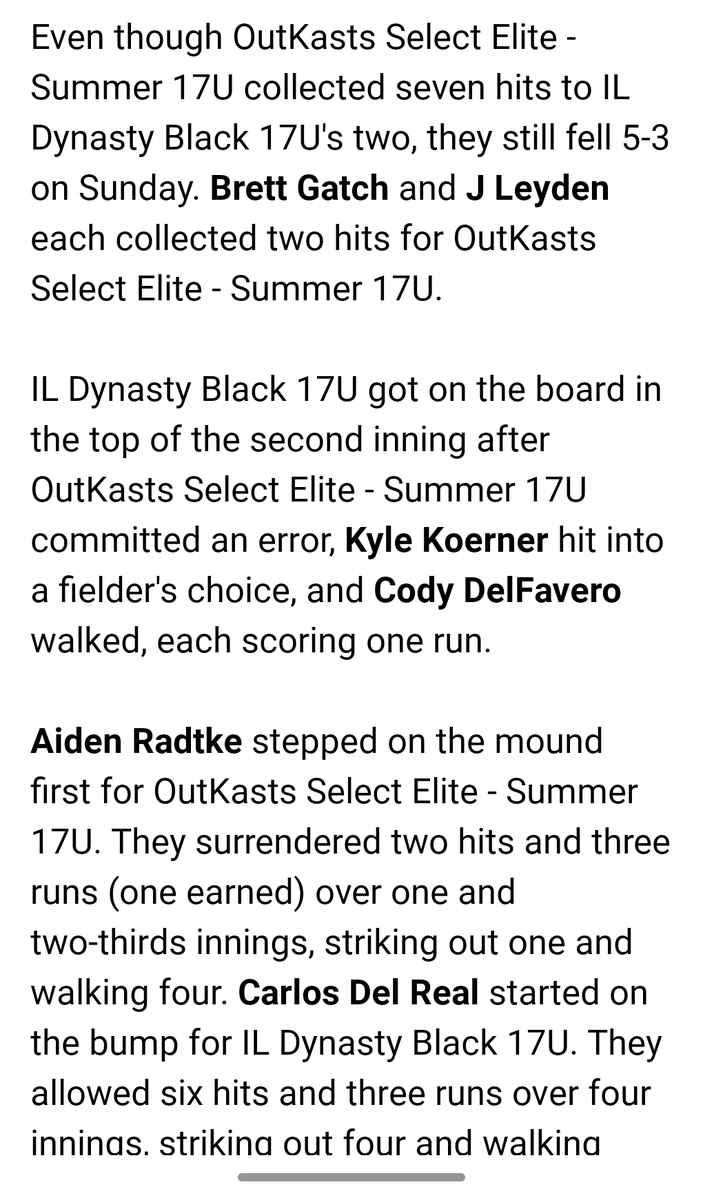Bats hot but come up short against IL Dynasty Black
<a href="/BrettGatch4/">Brett Gatch</a> 2H, 1RBI, 2SB
<a href="/jleydz34/">jimmy leyden</a> 2H, 1RBI, 1SB
<a href="/micahbuikema29/">Micah Buikema</a> 1H, 1RBI
@PBR_Uncommitted <a href="/PrepBaseballIL/">Prep Baseball Illinois</a> <a href="/PrepBaseballIN/">Prep Baseball Indiana</a> <a href="/PrepBaseballWI/">Prep Baseball Wisconsin</a> <a href="/EliteRecruits_/">Elite Recruits</a> <a href="/PrimetimeIL/">Primetime</a>