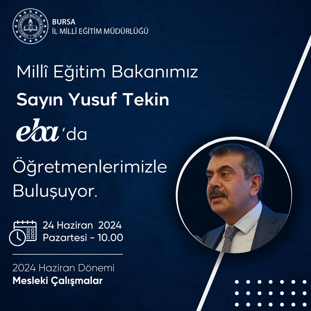 Millî Eğitim Bakanımız Sayın Yusuf Tekin, "Yıl Sonu Mesleki Çalışma Programı" açılışında Eğitim Bilişim Ağı (EBA) üzerinden öğretmenlerimize hitap edecek. 

🗓️ 24 Haziran 2024
🕚10.00

👉 eba.gov.tr

<a href="/tcmeb/">Millî Eğitim Bakanlığı</a> <a href="/Yusuf__Tekin/">Yusuf Tekin</a> <a href="/Alireisoglu34/">Dr. Ahmet ALİREİSOĞLU</a>