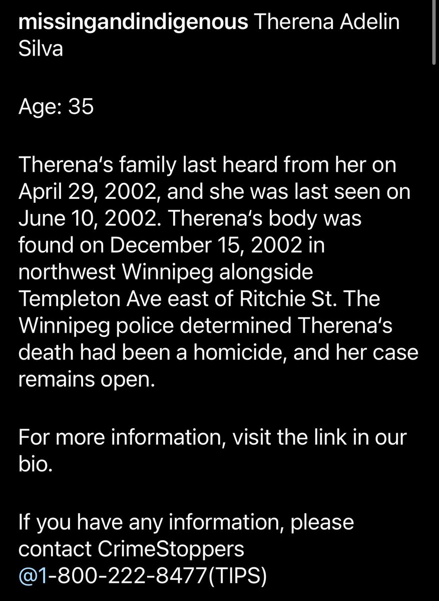 native_missing's tweet image. Therena Adelin Silva
Age: 35
Therena was murdered in Winnipeg in 2002.
If you have any information, please contact CrimeStoppers @1-800-222-8477(TIPS)
#mmiw #metoo
