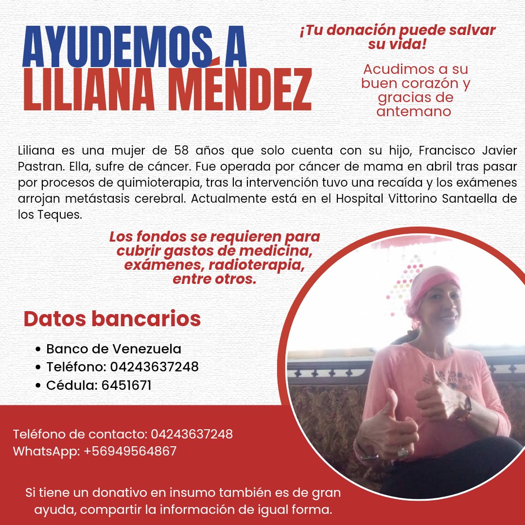 #ServicioPúblico

Liliana requiere de todo nuestro apoyo. Necesita urgentemente cumplir con la radioterapia.

Es mi familiar de crianza, le siento como una tía desde siempre y ha sido una persona alegre que ayuda a los demás, es triste verla así.

Gracias de antemano 🙏