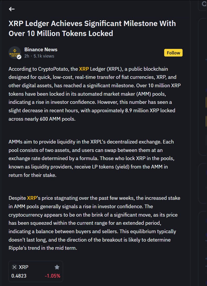 🟢Binance says Magnetic will be one of the catalysts for the growth of XRP

Binance released an article(Link below), stating that the total amount of XRP locked has exceeded 10 million! And this may be a signal for an increase in the price of XRP!
Fragment from the article: "the