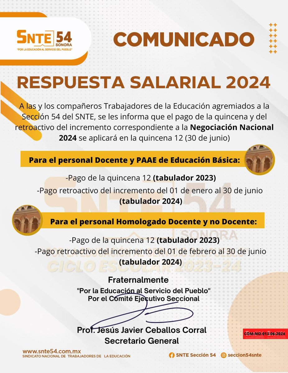 SNTE54mx's tweet image. #Comunicado 📣📣

A las y los compañeros Trabajadores de la Educación agremiados a la Sección 54 del SNTE, se les informa que el pago de la quincena y del retroactivo del incremento correspondiente a la Negociación Nacional 2024.

#PorlaEducaciónalServiciodePueblo ✅