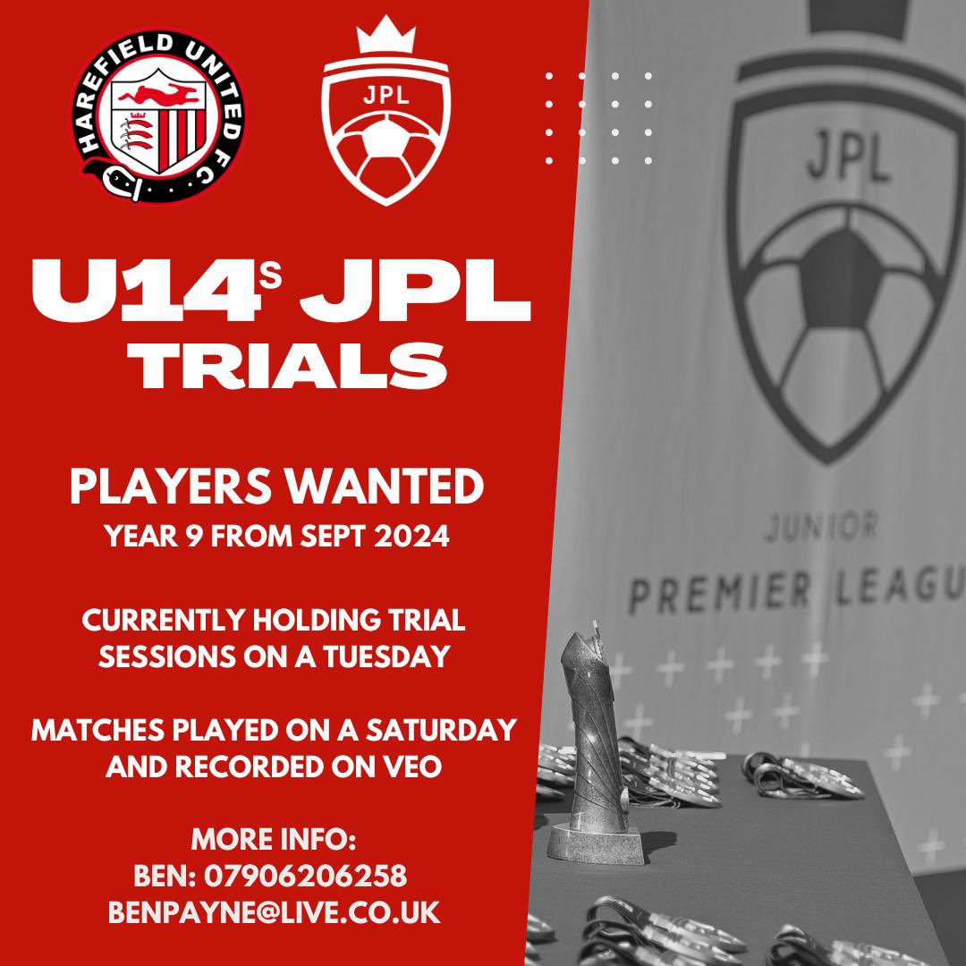 Harefield United Youth (@harefieldyouth) on Twitter photo ‼️ U14s Players wanted for JPL squad
⚽️ Players moving into YR 9 in Sept 2024
📲 Trial sessions running on Tuesdays so DM us now or see flyer for contact details
<a href="/jpluk/">Junior Premier League</a> <a href="/JPLPaddy1/">@JPLPaddy</a> <a href="/Wycombe_GC/">⚽️ Wycombe Grassroots Football Community ⚽️</a> <a href="/MiddlesexSports/">Middlesex Sports</a> ‼️ U14s Players wanted for JPL squad
⚽️ Players moving into YR 9 in Sept 2024
📲 Trial sessions running on Tuesdays so DM us now or see flyer for contact details
<a href="/jpluk/">Junior Premier League</a> <a href="/JPLPaddy1/">@JPLPaddy</a> <a href="/Wycombe_GC/">⚽️ Wycombe Grassroots Football Community ⚽️</a> <a href="/MiddlesexSports/">Middlesex Sports</a>