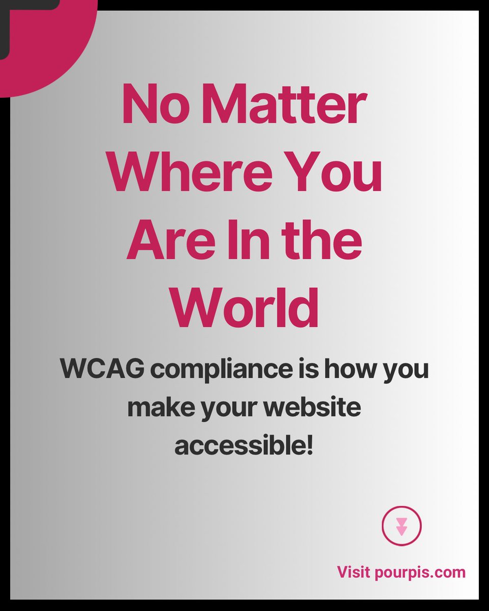 pourpis's tweet image. 🌎 No matter where you are in the world, complying with WCAG will make your website accessible! 

#webaccessibility #WebContentAccessibilityGuidelines #WCAG #AmericansWithDisabilitiesAct #a11y