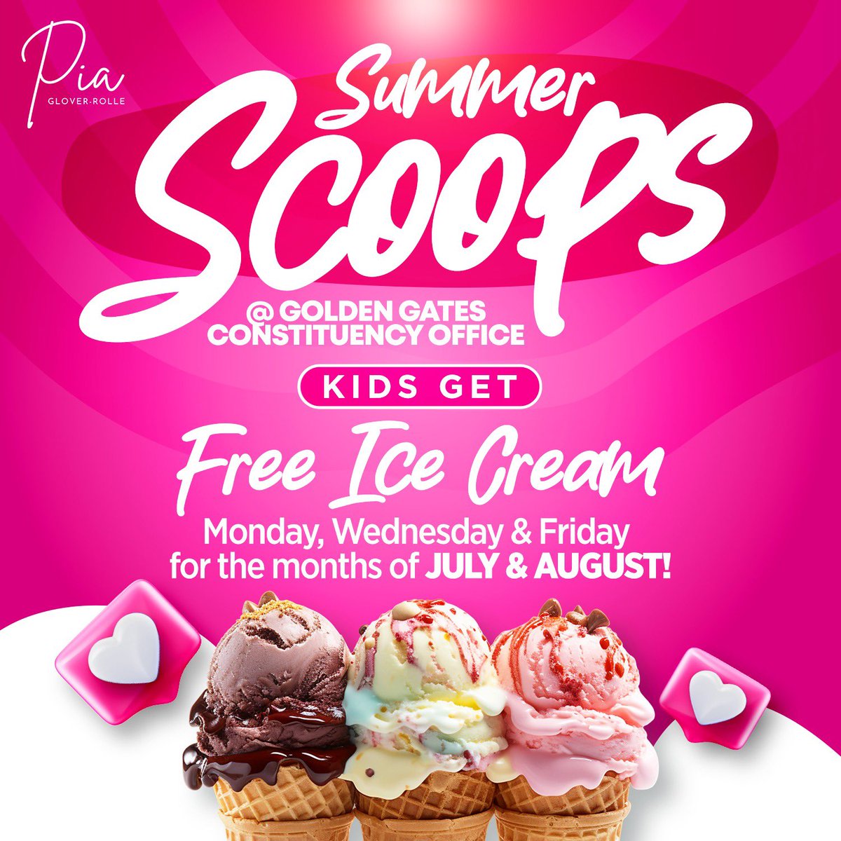 PiaGloverRolle's tweet photo. π π¦ Summer Scoops is back Golden Gates!! βοΈπ¨
Calling ALL GG children! Donβt miss out on your free sweet treats from Miss Pia at the Golden Gates Constituency Office from 1st July - 30 August! πππ
Limit 2 per day, per child!
π΄π #SummerScoops
#GoldenGates #CoolDown https://t.co/qVTSQr38qY