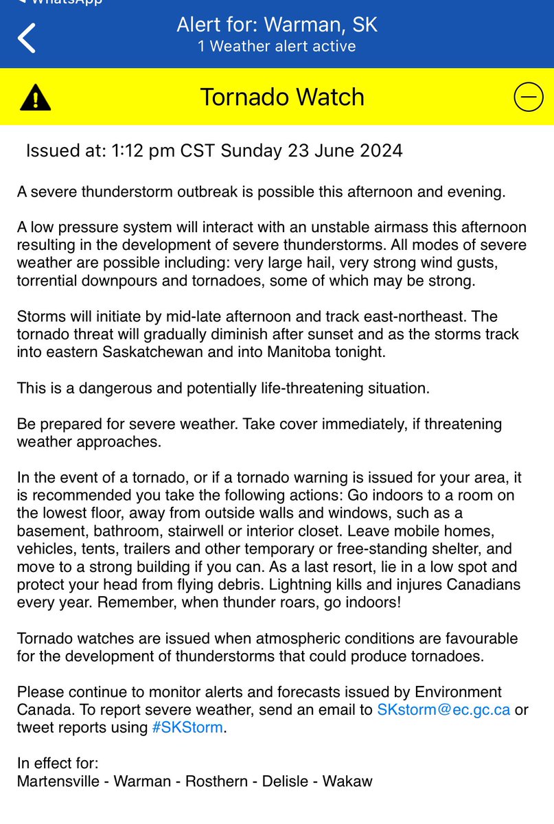 WEATHER UPDATE- Tornado watch issued, conditions favourable for development, warning will be issued if one forms. Expect likely rain wind and hail either way. A good time to secure the trampoline! Strongest tornado likelihood is between 3-6pm. Eyes to the sky and stay safe!