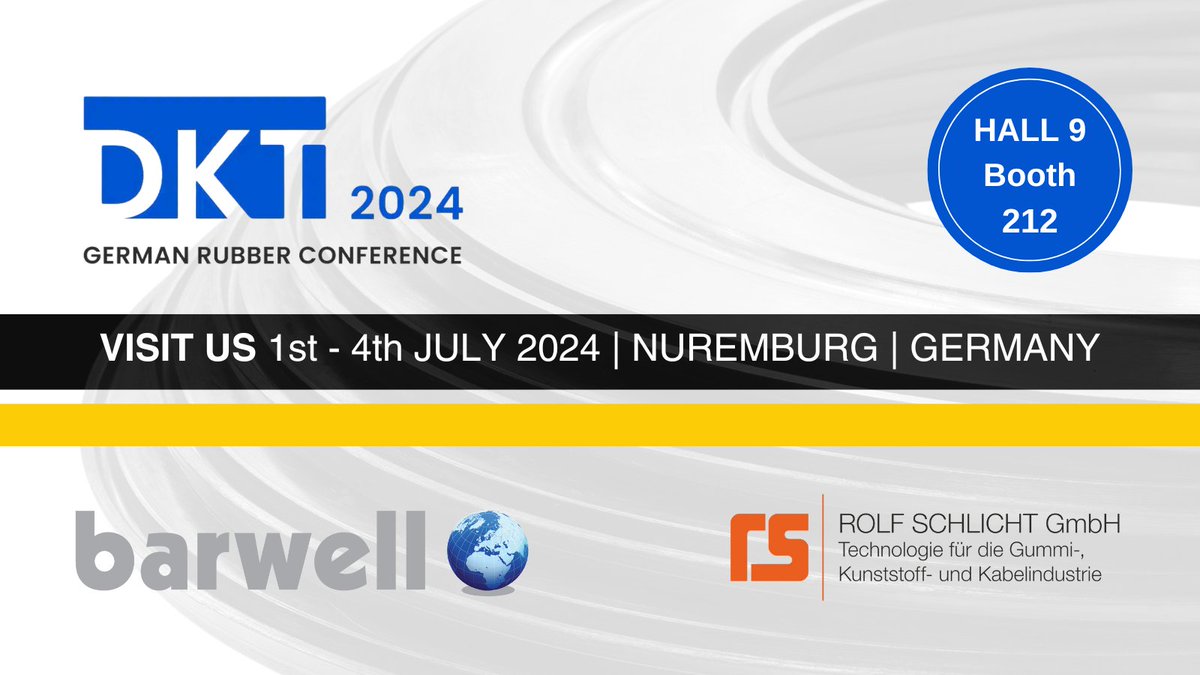 One week today the #DKT2024 #Rubber Conference and International Trade Fair in #Nuremburg begins! 

Barwell Global Limited will be at the exhibition with our agent for Germany ROLF SCHLICHT GmbH. Come and see us in Hall 9 on stand 212 (1st July until 4th July).