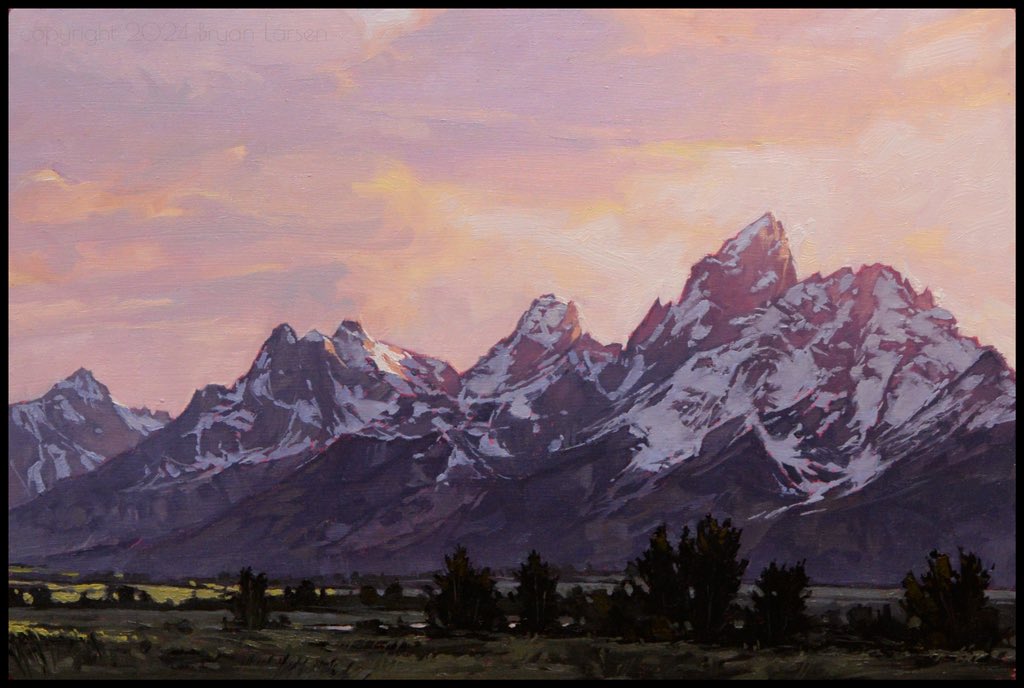BryanLarsenArts's tweet image. A rare(for me) straight up landscape painting inspired by my recent trip to Jackson Hole. 

‘Golden Hour’ 12x8 inches, oil on aluminum panel. 

This one is headed to Quent Cordair Fine Art in Jackson, WY

#oilpainting #landscapepainting #tetons #goldenhour