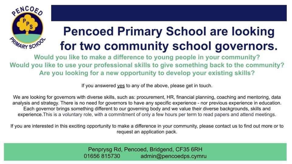 Our governing body are looking for two community governors. This is an exciting and rewarding role and we welcome anybody who is interested to contact us and find out more. <a href="/BridgendCBC/">Bridgend CB Council</a>