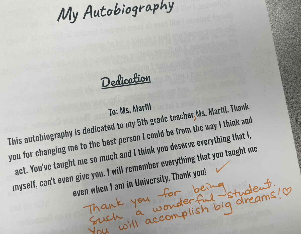 A dedication from one of the hardest working students I’ve ever taught that I never expected while marking autobiographies!! 😭😭😭