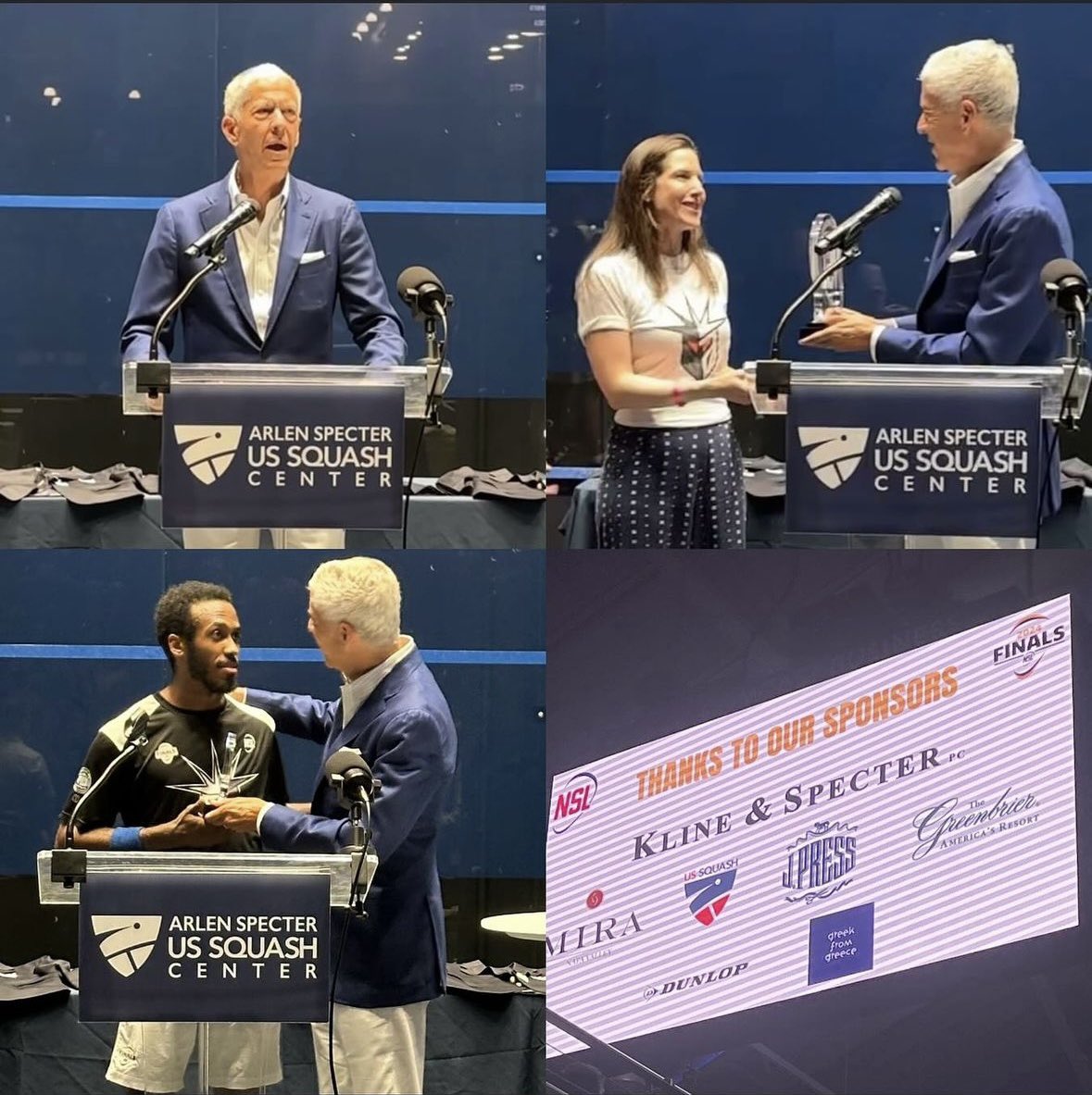 Last night at the National Squash League playoff finals, Shanin Specter presented the championship trophy to New York Knights team owner Elisabeth Hill and most valuable player award to Sebastien Bonmalais on behalf of presenting sponsor Kline &amp; Specter.