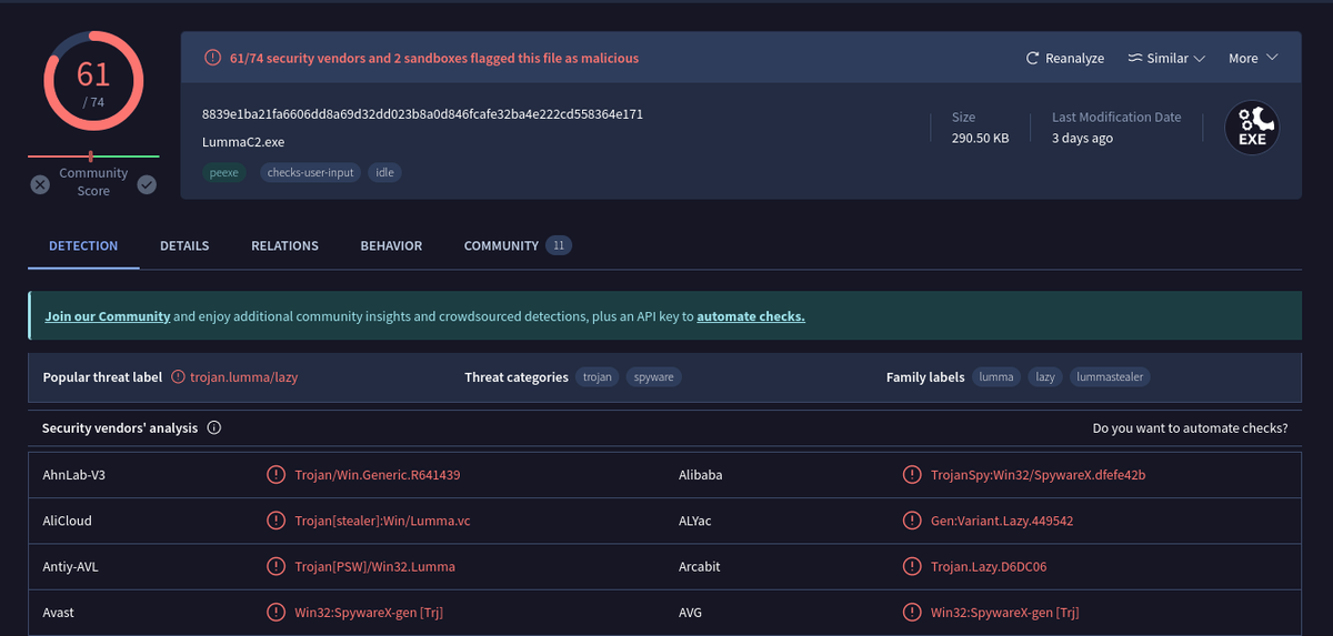 RacWatchin8872's tweet photo. #malware #lummastealer #vidarstealer #stealer
📌185.172.128.20📌
Full with malicious files:
- 070.exe
- 5.exe
- Amadey.exe
- cap.exe
- FirstZ.ex
- ISetup10.exe
- latestX.exe
- LummaC2.exe
- Main.exe
- NewB.exe
- Newoff.exe 
https://t.co/s6gVJE6uhO https://t.co/eu6QtEP3Oo