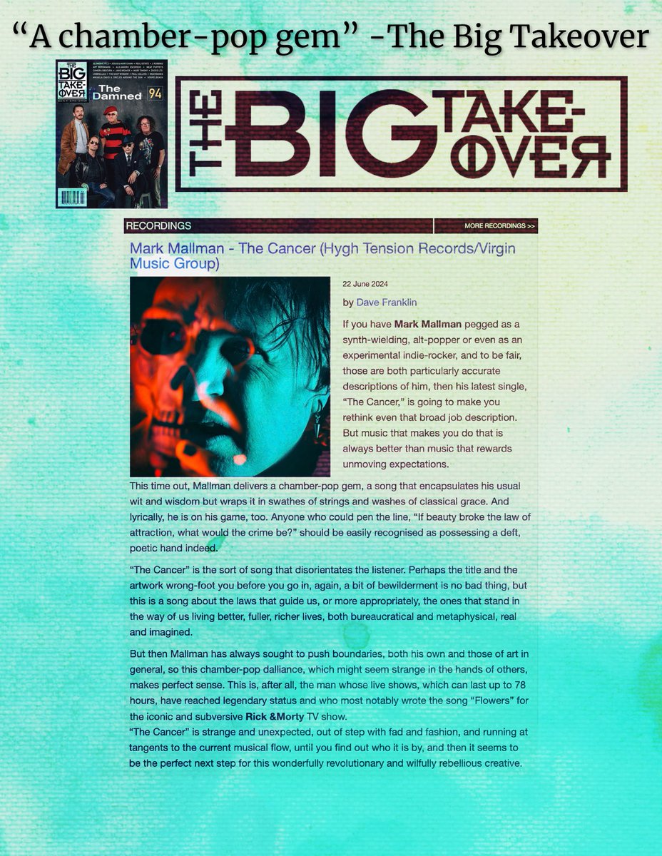 Hygh Tension Records (@hyghtension) on Twitter photo What an outstanding review of the new @markmallman single āThe Cancerā from <a href="/BigTakeoverMag/">Big Takeover</a> (New York)! Thank you Dave Franklin for this thoughtful take on this unique track. Link: tinyurl.com/MallmanBigTake⦠#newmusicalert #indierock #stringarrangements #flute #chamberpop What an outstanding review of the new @markmallman single āThe Cancerā from <a href="/BigTakeoverMag/">Big Takeover</a> (New York)! Thank you Dave Franklin for this thoughtful take on this unique track. Link: tinyurl.com/MallmanBigTake⦠#newmusicalert #indierock #stringarrangements #flute #chamberpop