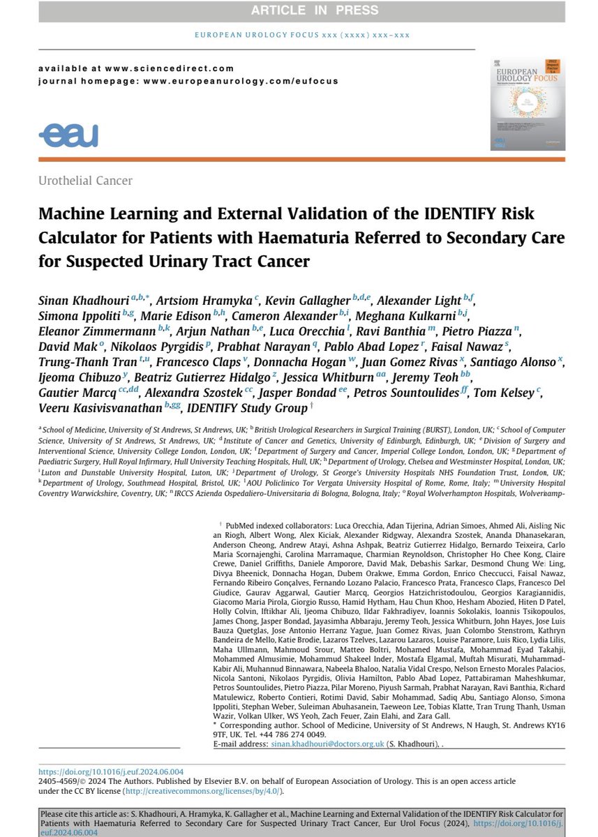 Juan Gómez Rivas (@jgomezrivas) on Twitter photo The IDENTIFY <a href="/BURSTurology/">BURST Urology</a> risk calculator predicts urinary tract cancer using patient characteristics.
⭕️It stratifies haematuria patients into very-low-risk, low-risk, intermediate-risk, and high-risk groups.
📈External validation involved 3582 patients, achieving an AUC of The IDENTIFY <a href="/BURSTurology/">BURST Urology</a> risk calculator predicts urinary tract cancer using patient characteristics.
⭕️It stratifies haematuria patients into very-low-risk, low-risk, intermediate-risk, and high-risk groups.
📈External validation involved 3582 patients, achieving an AUC of