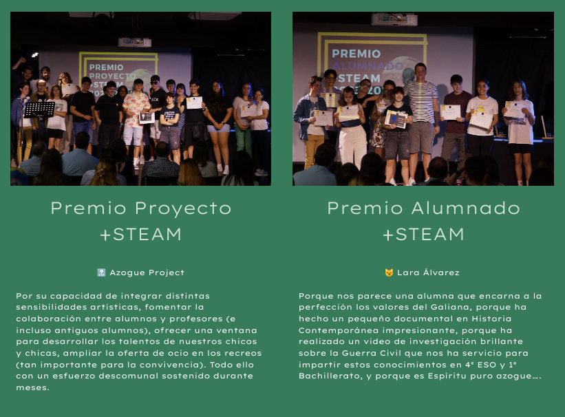 El viernes 21 de junio también se entregaron los premios +STEAM. Estos reconocimientos se otorgan como testimonio del compromiso, dedicación y esfuerzo de los miembros de la comunidad educativa, así como de su gran trabajo en proyectos STEAM durante el curso 23/24. 

#steam