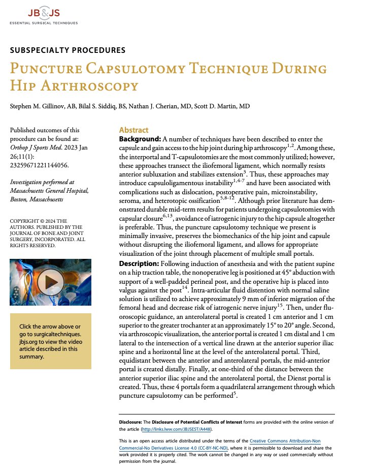 Dr. Scott Martin (@sdmartinmd) on Twitter photo Excited to share a new technique video published in @JBJS by our team <a href="/MassGenBrigham/">Mass General Brigham</a> led by <a href="/StephenGillinov/">Stephen Gillinov, MD</a>. We highlight the puncture capsulotomy technique during hip arthroscopy. Excellent work, Stephen!
journals.lww.com/jbjsest/fullte… Excited to share a new technique video published in @JBJS by our team <a href="/MassGenBrigham/">Mass General Brigham</a> led by <a href="/StephenGillinov/">Stephen Gillinov, MD</a>. We highlight the puncture capsulotomy technique during hip arthroscopy. Excellent work, Stephen!
journals.lww.com/jbjsest/fullte…