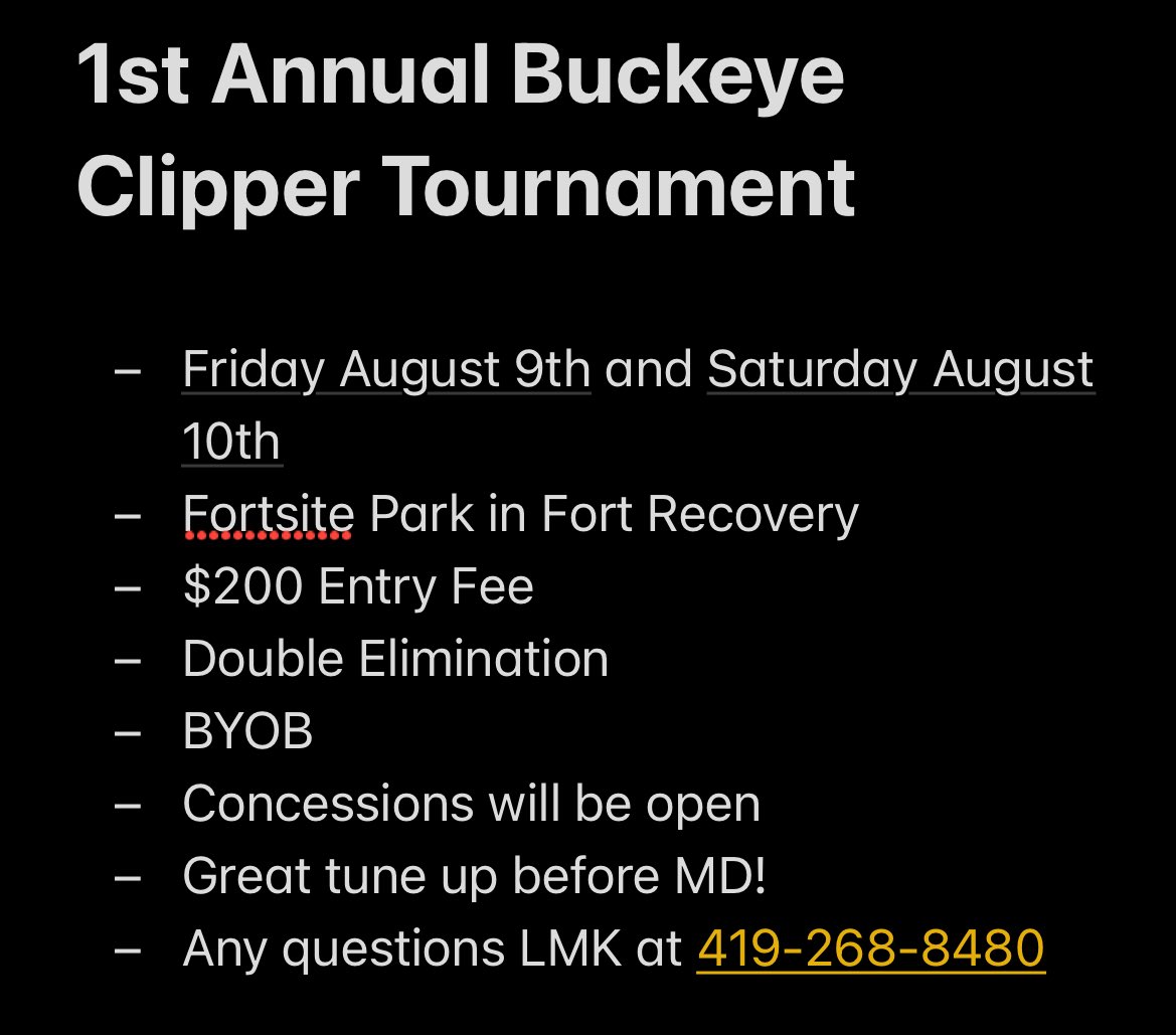 Need a tuneup tournament before MD weekend?? Buckeye Clipper is hosting their 1st annual softball tournament in Fort Recovery on August 9th-August 10th‼️Contact us if you’re interested in joining‼️