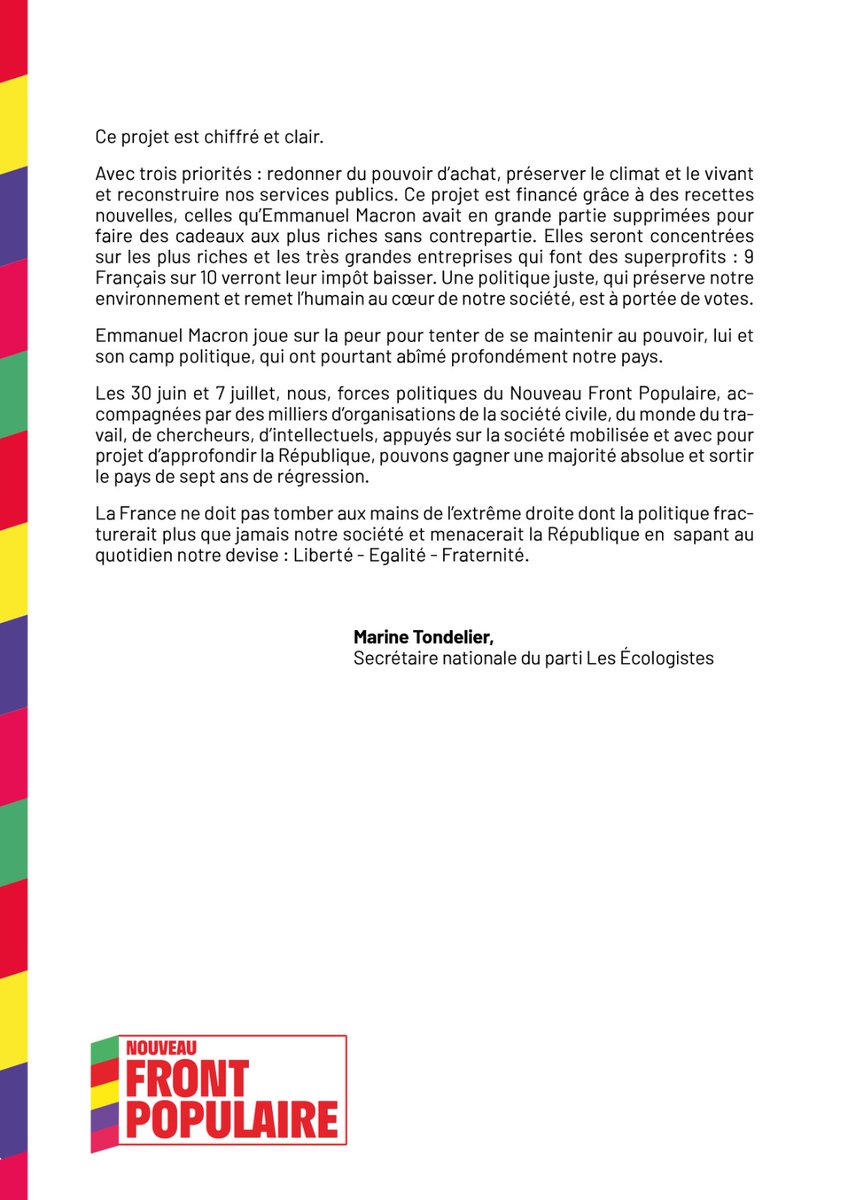 marinetondelier's tweet photo. Emmanuel Macron utilise sa fonction de Président pour faire campagne en mentant aux Françaises et aux Français.
La France ne doit pas tomber aux mains de l’extrême droite qui fracturerait notre pays et menacerait au quotidien notre devise : Liberté - Egalité - Fraternité. https://t.co/p26ex139yb