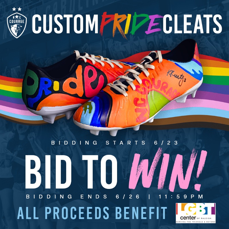 TheNCCourage's tweet photo. The auction for @KaleighKurtz's Pride cleats is LIVE! 🎨

All proceeds benefit LGBT Center of Raleigh, whose mission is to serve, empower, and advocate for the well-being of diverse LGBTQ+ communities!

Bid now through Wednesday ⬇️