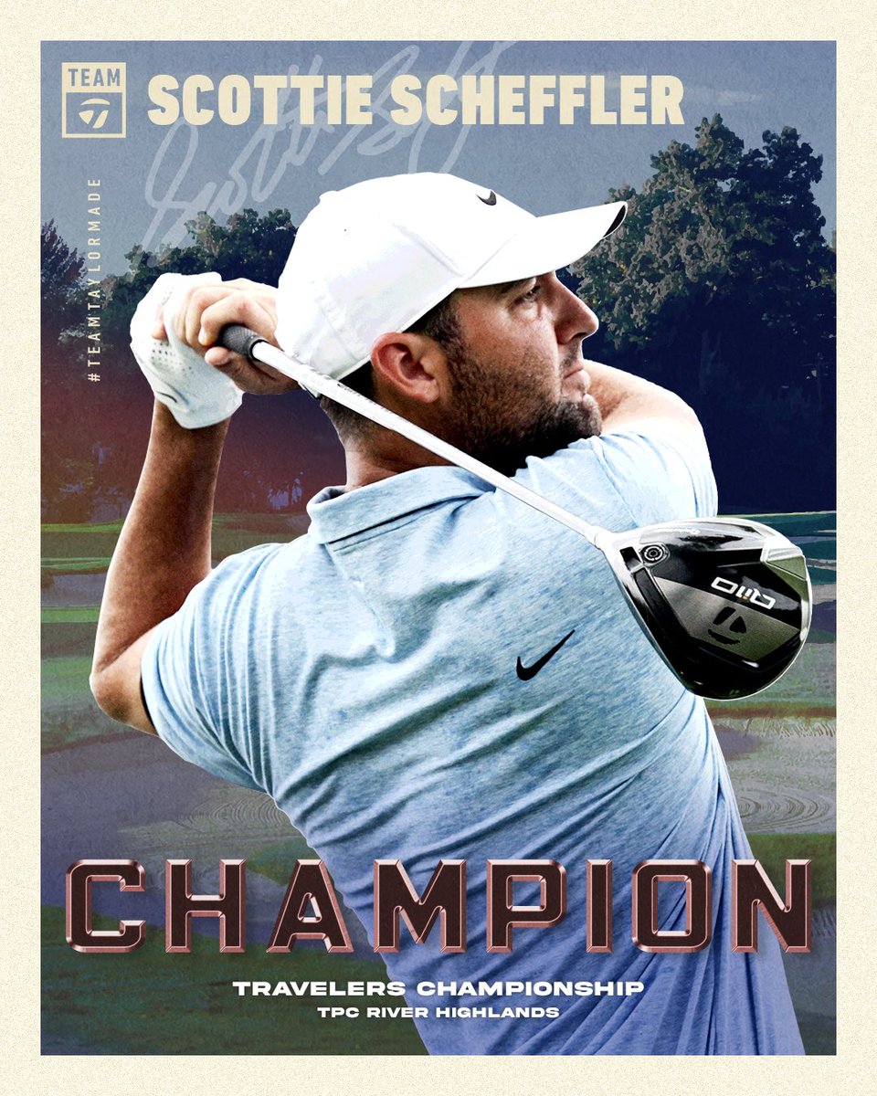 TaylorMadeGolf's tweet image. World No. 1 does it again. 💯 

Scottie Scheffler beats out a packed leaderboard to win the Travelers Championship in a playoff! 

He keeps his incredible run going by notching his SIXTH win of the season in Connecticut. #BeyondDriven #TeamTaylorMade