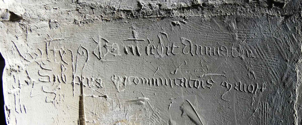 Walter was a very bad boy…
A Latin inscription from a church in Hertfordshire. The transcription is ‘Walter (con) Ba iii dedit annuatin sub pena excomunicatus majore’. It roughly translates as ‘Walter is to give annually 3 (somethings) under penalty of great excommunication’.