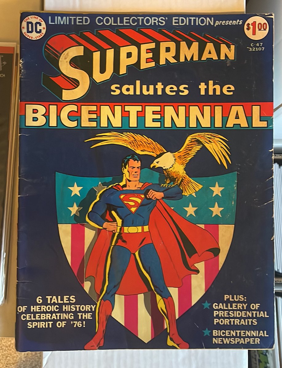 rholmes0520's tweet photo. Been kinda busy on this Sunday but wanted to close out the all Treasury Edition weekend with one more, Superman salutes the Bicentennial! Spoiler alert, there’s not a Superman tale in this thing! #Superman #TreasuryEdition #DCcomics #comics https://t.co/SZlMhvy3TL