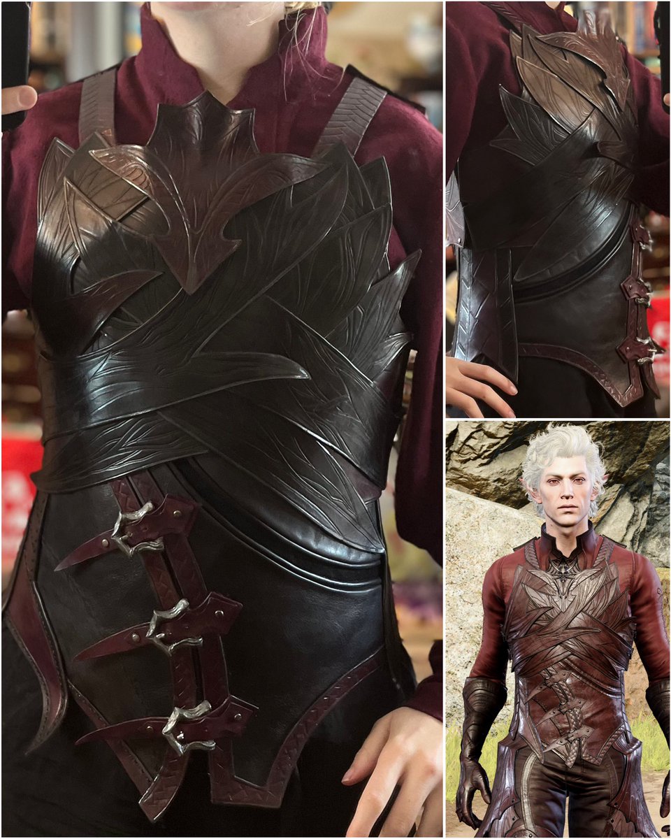 Ahhh the buckles TRANSFORM this look! The diagonal strap situation is one of my favourite details of the drow armour! (Still gotta do the side straps but I ran out of rivets xD)

#astarion #astarioncosplay #bg3 #bg3cosplay